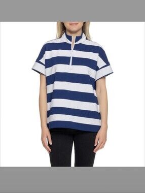 Lands' End Striped Zip-Neck  Top - Blue & White